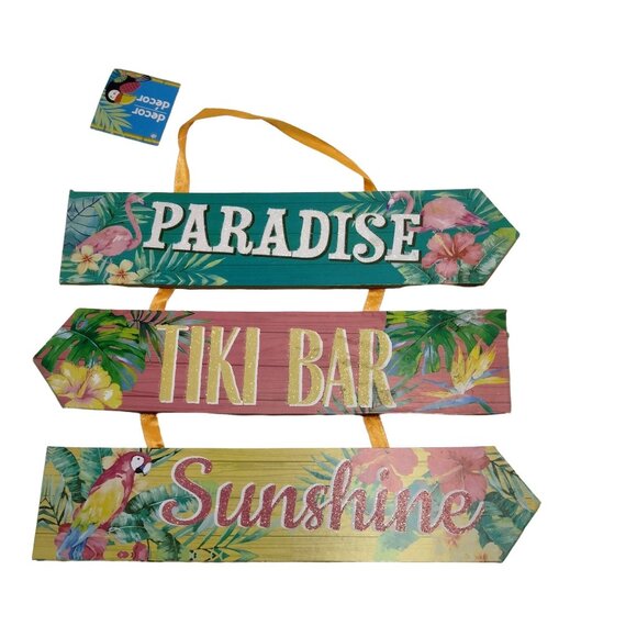 Tiki Bar Sign Paradise Sunshine Floral Flamingo Tropical Arrow - Picture 1 of 6